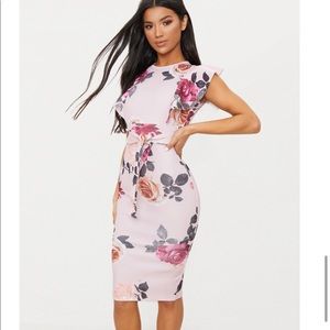 Pink floral midi dress tie in front
